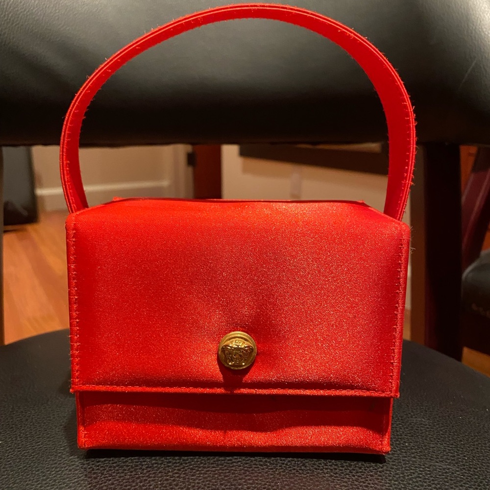 Versace Red Satin Mini Top-Handle Bag with Gold Medallion